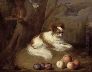 A Spaniel by a Tree with a Squirrel and a Blue-tit by Jakab Bogdany