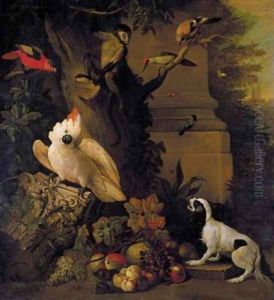 Still life with parrots, a jay, a woodpecker and a finch, together with a spaniel and various fruits in a parkland setting by Jakab Bogdany