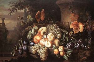 Fruit-piece with Stone Vase (Gyumolcscsendelet kovazaval) by Jakab Bogdany
