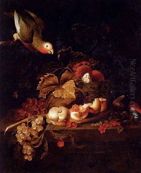 Still Life Of Grapes, A Halved Peach And Cherries Resting On A Table With A Parrot - view 1