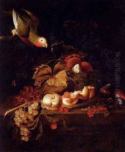 Still Life Of Grapes, A Halved Peach And Cherries Resting On A Table With A Parrot by Jakab Bogdany