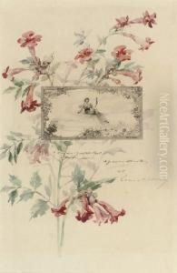 A Composition Of Flowers Surrounding An Engraving