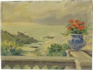 Vase De Geraniums Sur Une Balustrade A Belle-ile En Mer by Louise Abbema