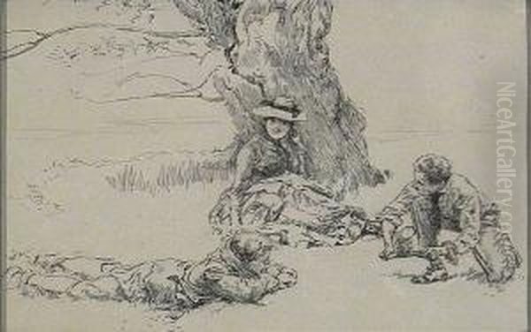 Illustration: Three People Relaxing Beneath Large Tree. - view 1