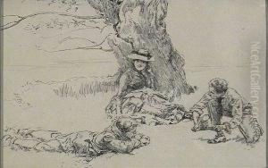Illustration: Three People Relaxing Beneath Large Tree.