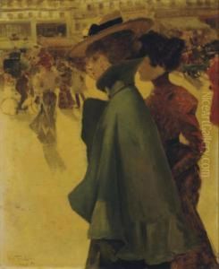 Two Ladies Strolling Through A Parisian Square by Louis Abel-Truchet