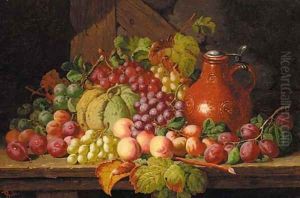 Grapes, peaches, plums, a gourd and a bellarmine, on a wooden ledge by Charles Thomas Bale