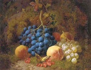 Grapes, peaches, redcurrants, and a butterfly, on a mossy bank by Charles Thomas Bale