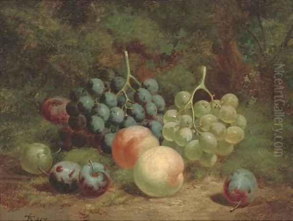 Peaches, grapes and plums on a mossy bank - view 1