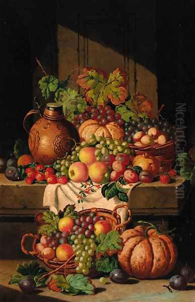 A flask on a ledge, with baskets of grapes, plums, apples and squashes - view 1