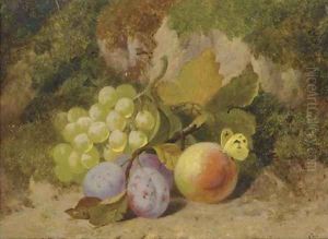 Grapes, plums, a peach and a butterfly, on a mossy bank by Charles Thomas Bale