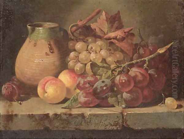 Grapes, plums, and peaches with a jug on a ledge - view 1