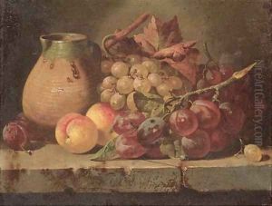 Grapes, plums, and peaches with a jug on a ledge by Charles Thomas Bale