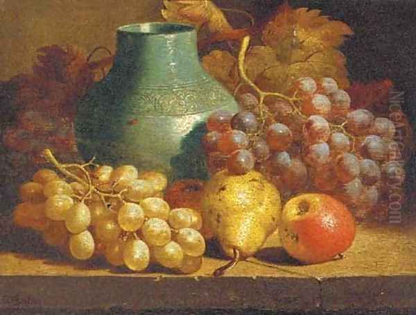 Apples, grapes, a pear and a blue jug on a table - view 1