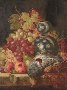 Fruit and game on a ledge by Charles Thomas Bale