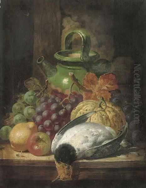 Grapes, a pumpkin, apple, pear, pigeon and pot, on a table - view 1
