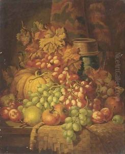 Grapes, apples, pears, plums, a gourd, and a stoneware tankard, on a ledge by Charles Thomas Bale