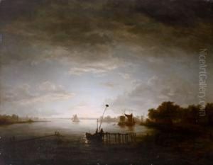 Paesaggio Fluviale Illuminato Dalla Luna Con Pescatori