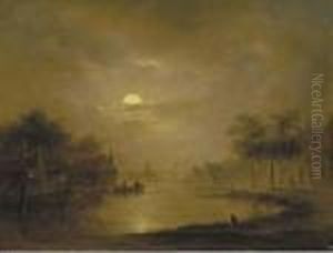 A Moonlit River Landscape by Jacobus Theodorus Abels