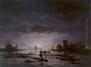 Vollmondbeschienene Flusslandschaft by Jacobus Theodorus Abels