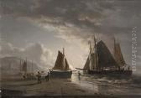 A Moonlit Beach With Fishermen At Work - view 1