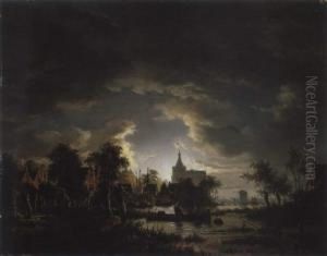 Flusslandschaft Bei Mondlicht by Jacobus Theodorus Abels