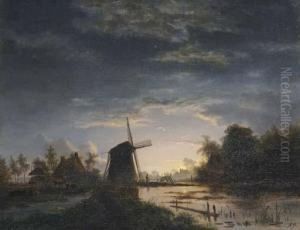 The Moon Rising Over A Windmill And Cottages Near A Marsh by Jacobus Theodorus Abels