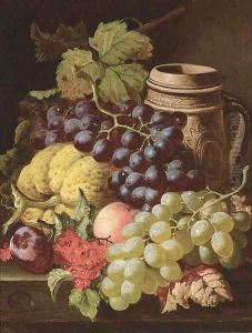 Grapes, redcurrants, plums, a peach, a gourd, and a stoneware tankard, on a wooden ledge by Charles Thomas Bale