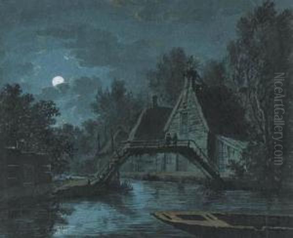 A Farm By A Canal In Moonlight With Figures On A Bridge - view 1