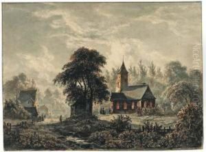 A Church In Moonlight With Figures By The Entrance by Jacobus Theodorus Abels