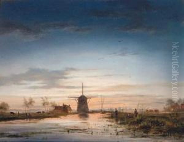 Anglers Beside A Canal With A Windmill Beyond - view 1