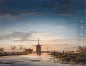 Anglers Beside A Canal With A Windmill Beyond