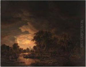 A Moonlit Wooded River Landscape With A Church In Thedistance by Jacobus Theodorus Abels