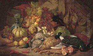 Dead game, fruit, a vase and ewer in a timbered interior