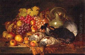 Grapes, Apples, Pears, Dead Game, A Wicker Basket And Stoneware Jug, On A Wooden Ledge by Charles Thomas Bale