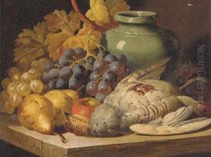 Grapes, pears, an apple, a jug and game on a shelf by Charles Thomas Bale