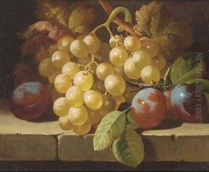 Grapes and plums on a stone ledge by Charles Thomas Bale