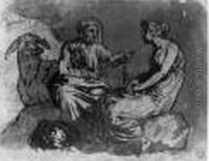 Une Vieille Femme Tenant Une 
Quenouille S'adressant A Une Jeune Femme; Un Ane Et Un Chien A Leurs 
Pieds by Nicolas-Abraham Abilgaard