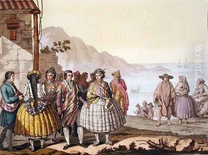 Men and women in elaborate costume, Chile, from 'Le Costume Ancien et Moderne' by G. Bramati
