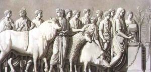 Bas relief of a bull, a ram and a boar led to a votive altar, from 'Le Costume Ancien et Moderne' by G. Bramati