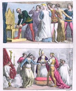 Institution of the Order of the Garter by Edward III (1312-77) in 1348 and the marriage of Henry I (1068-1135), from 'Le Costume Ancien et Moderne' by G. Bramati