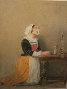 Young Woman Kneeling In Prayer At An Oak Table