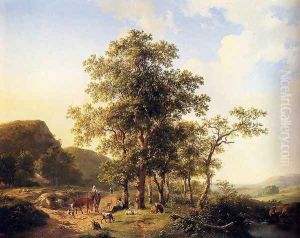Wooded landscape with peasants and animals by Hendrikus van den Sande Bakhuyzen