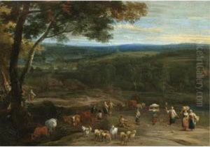 An Extensive Landscape With 
Figures On High Ground Passing A Herdsman Grazing His Cattle And Sheep