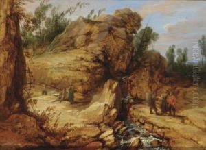 A Rocky River Landscape With Travellers In The Foreground by Lucas Achtschellinck