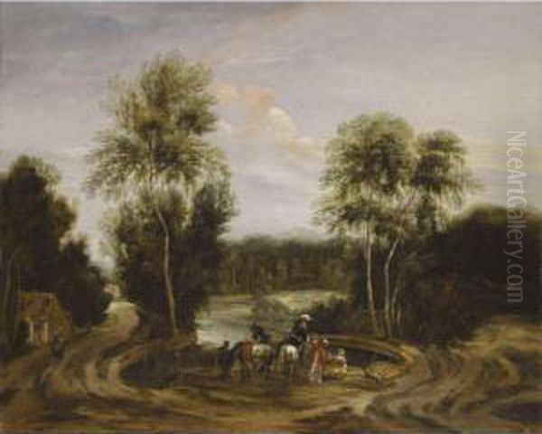 A Wooded Landscape With An Elegant Hunting Party Beside A Lake - view 1