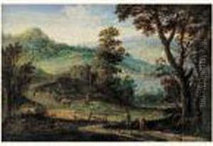 Paysage De Lac Anime De Bergers Et Leurs Troupeaux by Lucas Achtschellinck