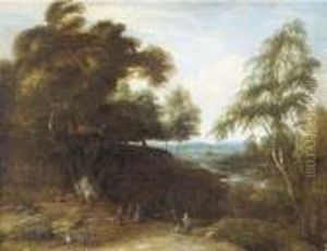 A Wooded Landscape With Figures And Dogs In A Clearing by Lucas Achtschellinck