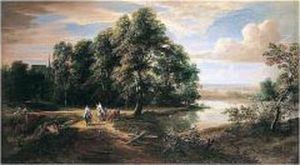 An Extensive River Landscape With Travellers And A Priest Near A Chateau by Lucas Achtschellinck