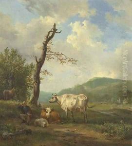 A hilly landscape with a shepherd and his flock resting by a tree by Hendrikus van den Sande Bakhuyzen